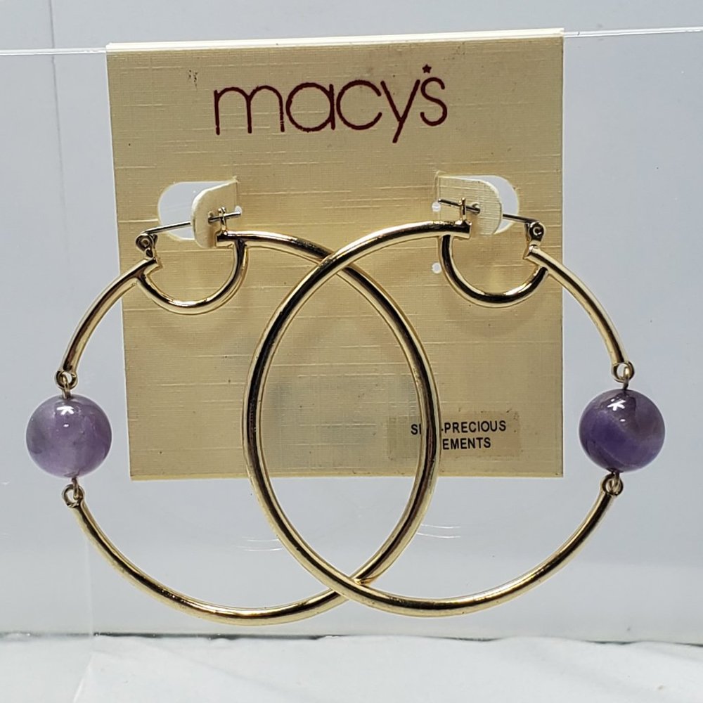 Macy's Large bohemian gold hoop earring with semi-precious stone